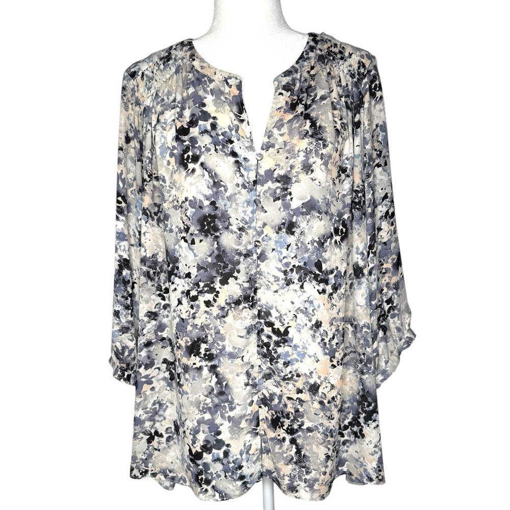 Rose + Olive Blouse 2X Boho Peasant Gypsy Floral‎ Button Shirt Popover Tunic Top